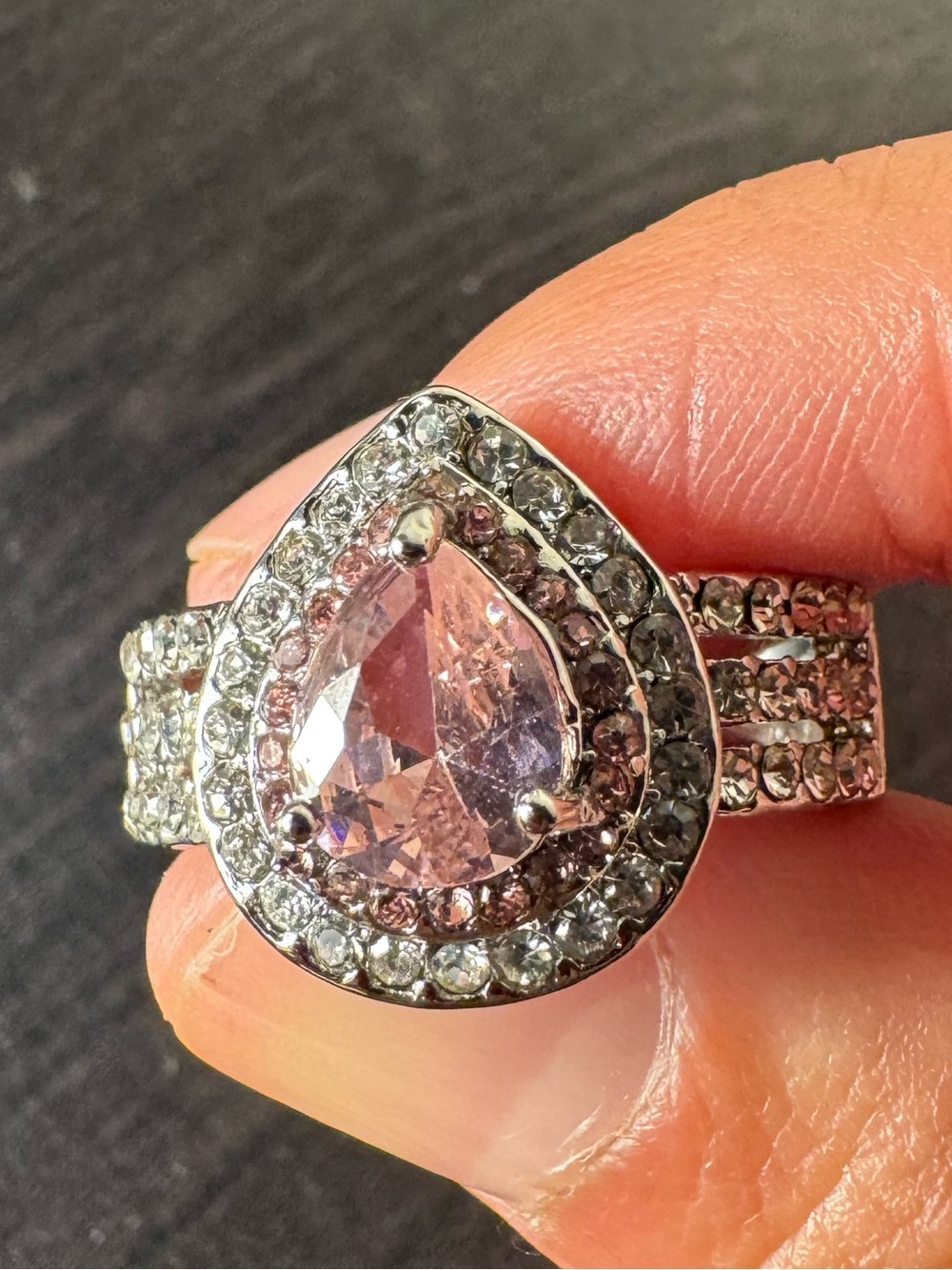 Size 9 Teardrop Pink Cubic Zirconia Halo Ring in Silver Tone